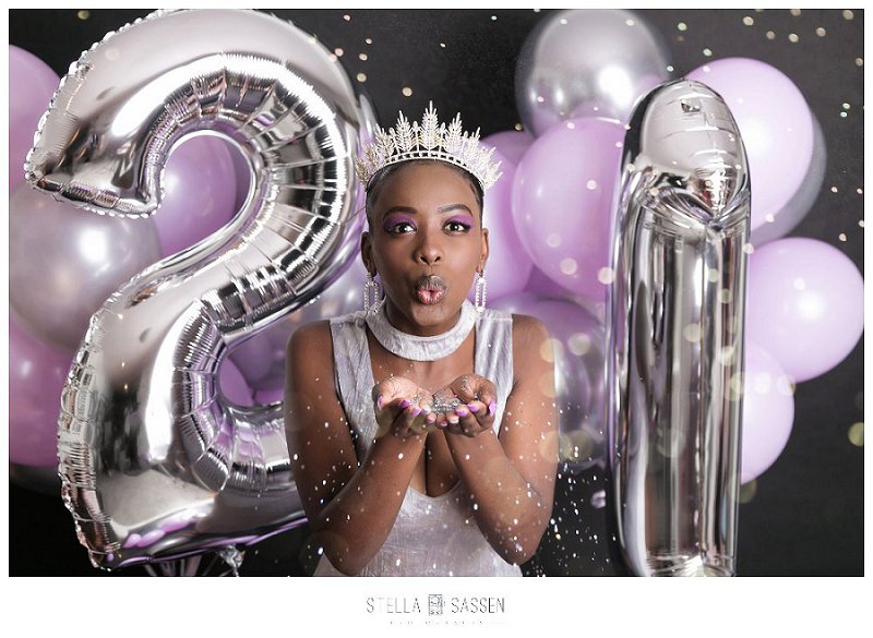 Glamorous birthday celebration photo shoot with balloons and glitter